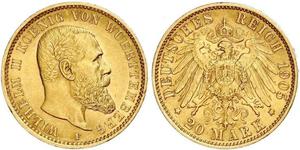 20 Mark Royaume de Wurtemberg (1806-1918) Or Wilhelm II, German Emperor (1859-1941)
