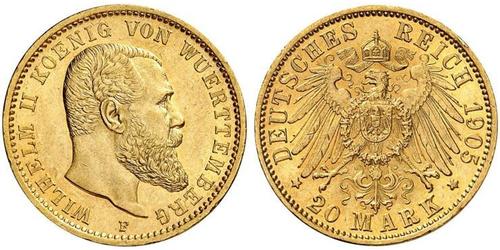 20 Mark Royaume de Wurtemberg (1806-1918) Or Wilhelm II, German Emperor (1859-1941)