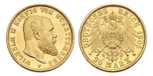 20 Mark Royaume de Wurtemberg (1806-1918) Or Wilhelm II, German Emperor (1859-1941)