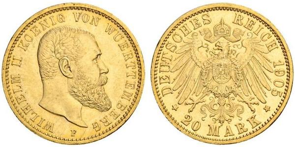 20 Mark Royaume de Wurtemberg (1806-1918) Or Wilhelm II, German Emperor (1859-1941)