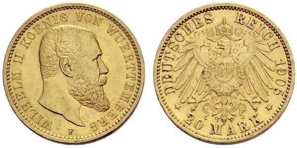 20 Mark Royaume de Wurtemberg (1806-1918) Or Wilhelm II, German Emperor (1859-1941)