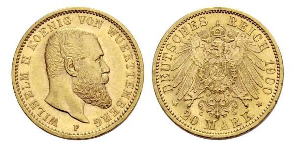 20 Mark Royaume de Wurtemberg (1806-1918) Or Wilhelm II, German Emperor (1859-1941)
