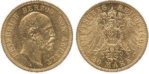 20 Mark Anhalt-Dessau (1603 -1863) Oro Frederick I, Duke of Anhalt (1831-1904)