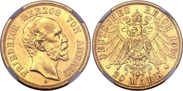 20 Mark Anhalt-Dessau (1603 -1863) Oro Frederick I, Duke of Anhalt (1831-1904)