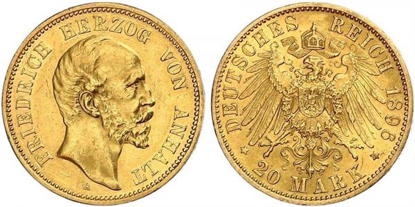 20 Mark Anhalt-Dessau (1603 -1863) Oro Frederick I, Duke of Anhalt (1831-1904)