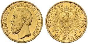 20 Mark Gran Ducado de Baden (1806-1918) Oro Federico I de Baden (1826 - 1907)