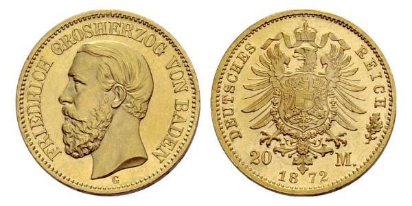 20 Mark Gran Ducado de Baden (1806-1918) Oro Federico I de Baden (1826 - 1907)