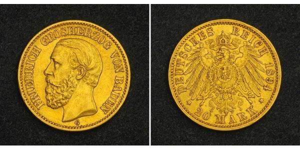 20 Mark Gran Ducado de Baden (1806-1918) Oro Federico I de Baden (1826 - 1907)