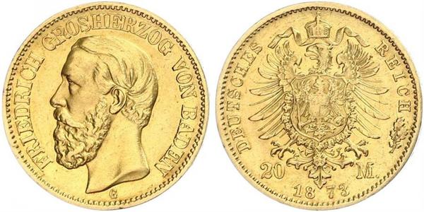 20 Mark Grand Duchy of Baden (1806-1918) Oro Federico I di Baden (1826 - 1907)