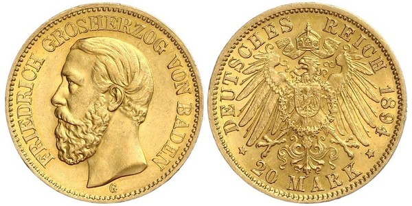 20 Mark Grand Duchy of Baden (1806-1918) Oro Federico I di Baden (1826 - 1907)