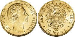 20 Mark Regno di Baviera (1806 - 1918) Oro Ludovico II di Baviera(1845 – 1886)