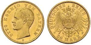 20 Mark Regno di Baviera (1806 - 1918) Oro Ottone di Baviera(1848 – 1916)
