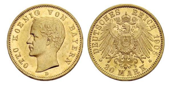 20 Mark Regno di Baviera (1806 - 1918) Oro Ottone di Baviera(1848 – 1916)