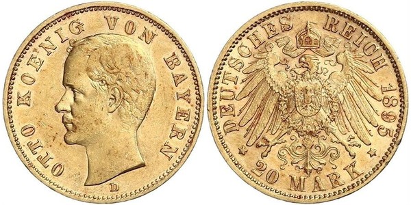 20 Mark Regno di Baviera (1806 - 1918) Oro Ottone di Baviera(1848 – 1916)