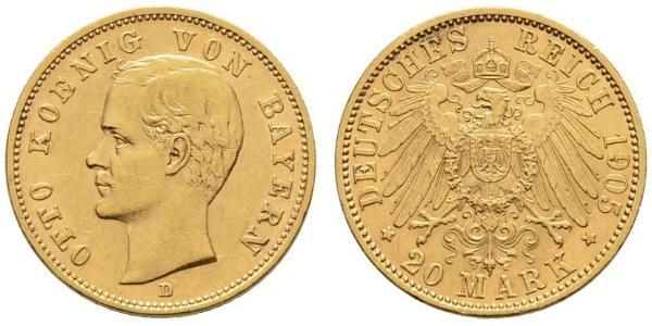 20 Mark Regno di Baviera (1806 - 1918) Oro Ottone di Baviera(1848 – 1916)