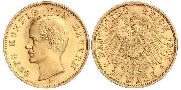 20 Mark Regno di Baviera (1806 - 1918) Oro Ottone di Baviera(1848 – 1916)