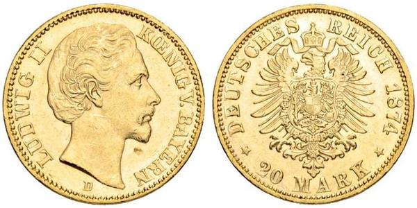 20 Mark Regno di Baviera (1806 - 1918) Oro Ludovico II di Baviera(1845 – 1886)