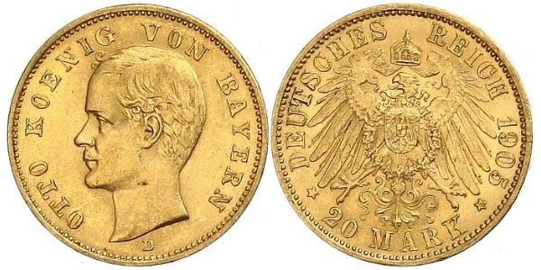 20 Mark Regno di Baviera (1806 - 1918) Oro Ottone di Baviera(1848 – 1916)