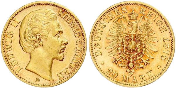 20 Mark Regno di Baviera (1806 - 1918) Oro Ludovico II di Baviera(1845 – 1886)