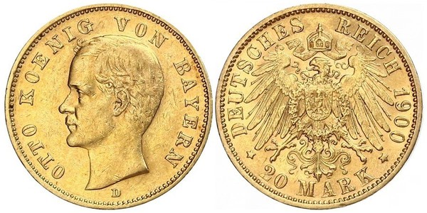 20 Mark Regno di Baviera (1806 - 1918) Oro Ottone di Baviera(1848 – 1916)