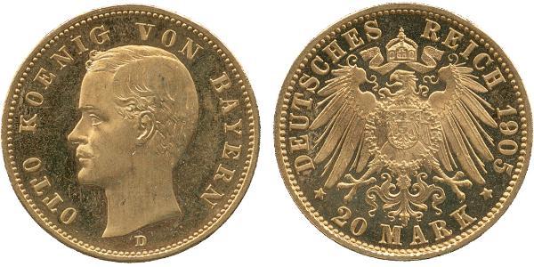 20 Mark Regno di Baviera (1806 - 1918) Oro Ottone di Baviera(1848 – 1916)