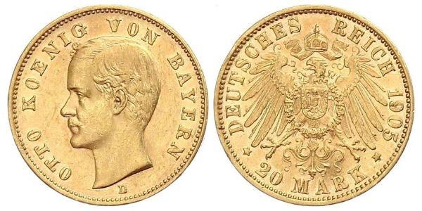 20 Mark Regno di Baviera (1806 - 1918) Oro Ottone di Baviera(1848 – 1916)