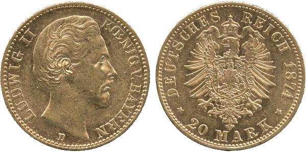 20 Mark Regno di Baviera (1806 - 1918) Oro Ludovico II di Baviera(1845 – 1886)
