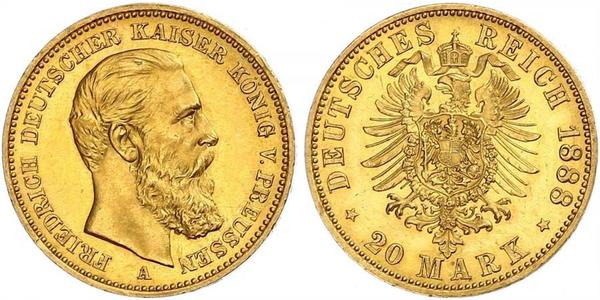 20 Mark Regno di Prussia (1701-1918) Oro Federico III di Germania (1831-1888)