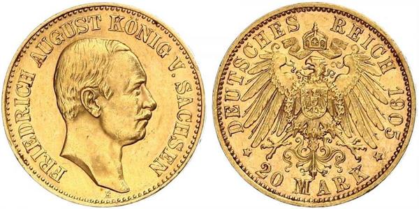 20 Mark Regno di Sassonia (1806 - 1918) Oro Federico Augusto III di Sassonia (1865-1932)