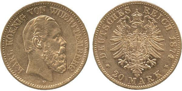 20 Mark Regno di Württemberg (1806-1918) Oro Carlo di Württemberg