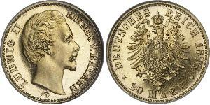 20 Mark Reino de Baviera (1806 - 1918) Oro Luis II de Baviera(1845 – 1886)