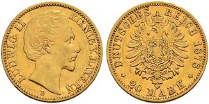 20 Mark Reino de Baviera (1806 - 1918) Oro Luis II de Baviera(1845 – 1886)