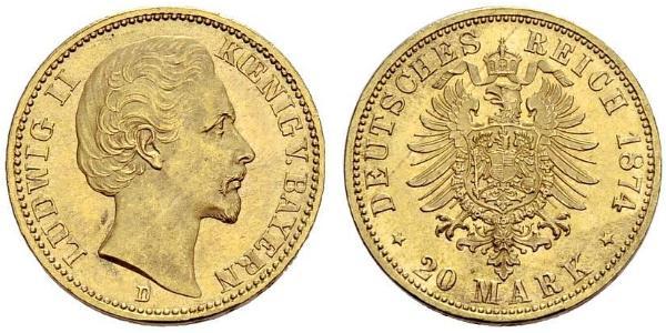 20 Mark Reino de Baviera (1806 - 1918) Oro Luis II de Baviera(1845 – 1886)
