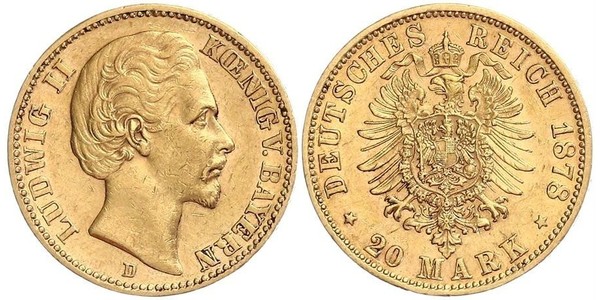 20 Mark Reino de Baviera (1806 - 1918) Oro Luis II de Baviera(1845 – 1886)