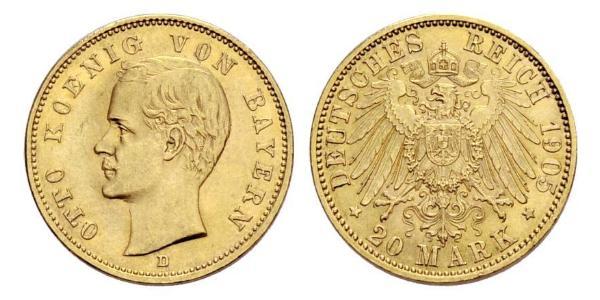 20 Mark Reino de Baviera (1806 - 1918) Oro Otón I de Baviera(1848 – 1916)
