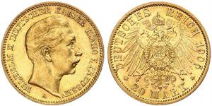 20 Mark Reino de Prusia (1701-1918) Oro Wilhelm II, German Emperor (1859-1941)