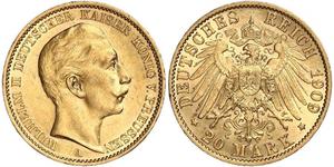 20 Mark Reino de Prusia (1701-1918) Oro Wilhelm II, German Emperor (1859-1941)