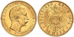 20 Mark Reino de Prusia (1701-1918) Oro Wilhelm II, German Emperor (1859-1941)