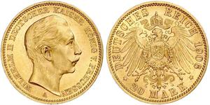 20 Mark Reino de Prusia (1701-1918) Oro Wilhelm II, German Emperor (1859-1941)