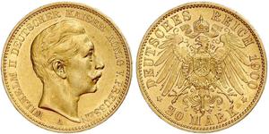 20 Mark Reino de Prusia (1701-1918) Oro Wilhelm II, German Emperor (1859-1941)