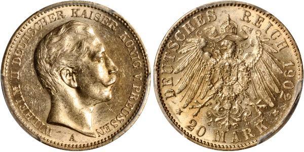 20 Mark Reino de Prusia (1701-1918) Oro Wilhelm II, German Emperor (1859-1941)