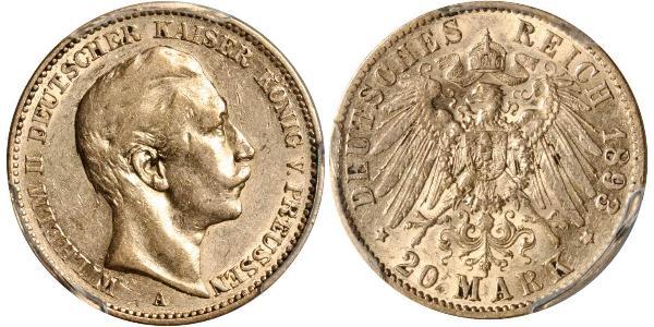 20 Mark Reino de Prusia (1701-1918) Oro Wilhelm II, German Emperor (1859-1941)