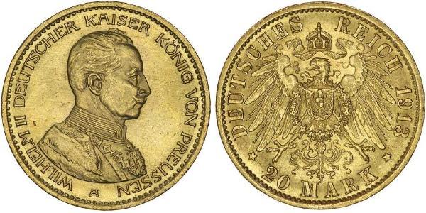 20 Mark Reino de Prusia (1701-1918) Oro Wilhelm II, German Emperor (1859-1941)
