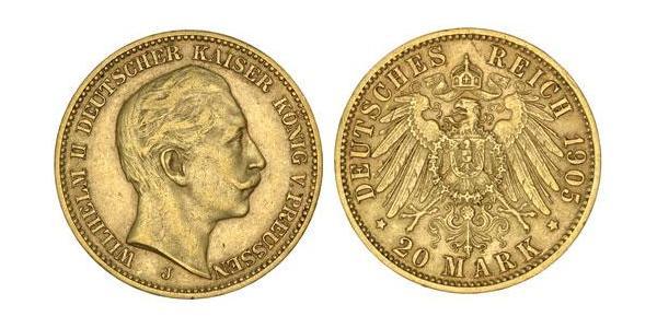 20 Mark Reino de Prusia (1701-1918) Oro Wilhelm II, German Emperor (1859-1941)