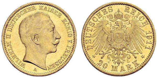 20 Mark Reino de Prusia (1701-1918) Oro Wilhelm II, German Emperor (1859-1941)
