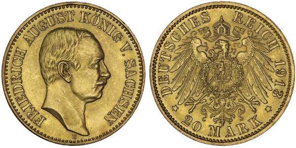 20 Mark Reino de Sajonia (1806 - 1918) Oro Federico Augusto III de Sajonia (1865-1932)