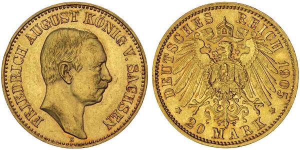 20 Mark Reino de Sajonia (1806 - 1918) Oro Federico Augusto III de Sajonia (1865-1932)