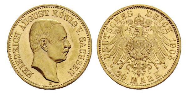 20 Mark Reino de Sajonia (1806 - 1918) Oro Federico Augusto III de Sajonia (1865-1932)