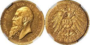 20 Mark States of Germany Oro Jorge II de Sajonia-Meiningen