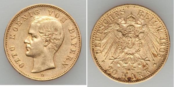 20 Mark 巴伐利亞王國 (1806 - 1918) 金 奥托 (巴伐利亚国王)